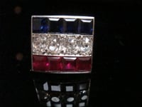 Image 1 of French Art Deco Platinum tricolour diamond ruby sapphire ring 11.9g