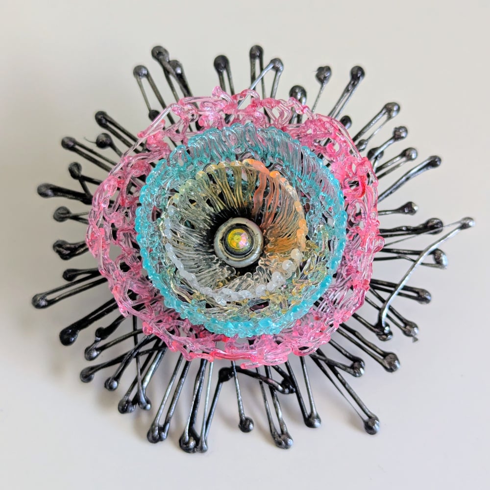 Brooch - Pink Blue Flower Sunburst 