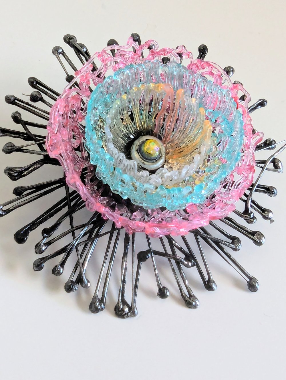Brooch - Pink Blue Flower Sunburst 