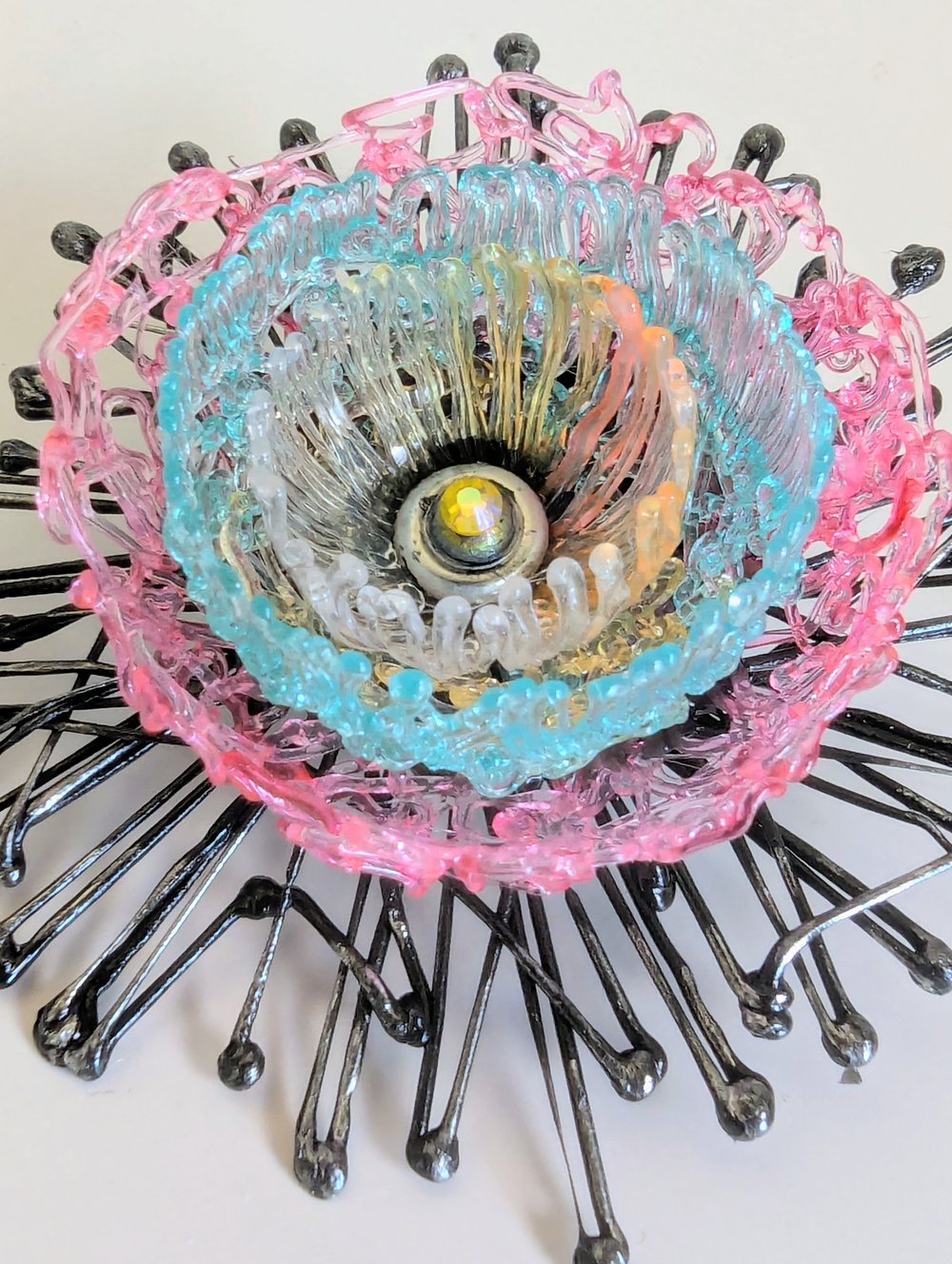 Brooch - Pink Blue Flower Sunburst 