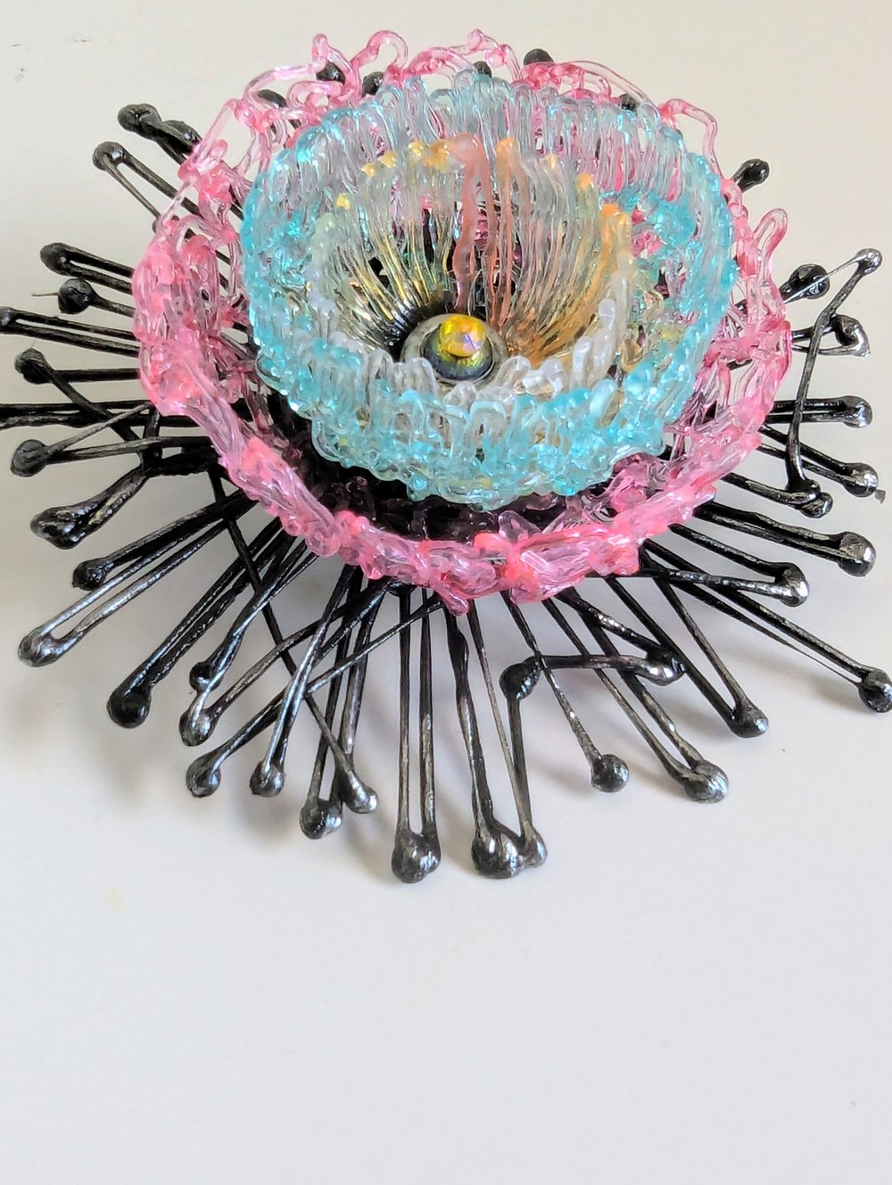 Brooch - Pink Blue Flower Sunburst 