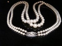 Image 1 of EDWARDIAN SILVER MIKIMOTO CULTURED PEARL DOUBLE STRAND NECKLACE IN ORIGINAL BOX