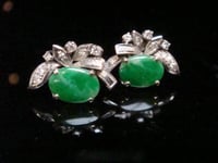 Image 1 of Retro 14ct white gold jade and diamond stud earrings 2.5g