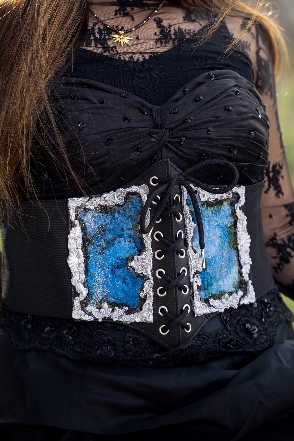 Image of Hand Painted Blue Gothic Corset Belt XXXL