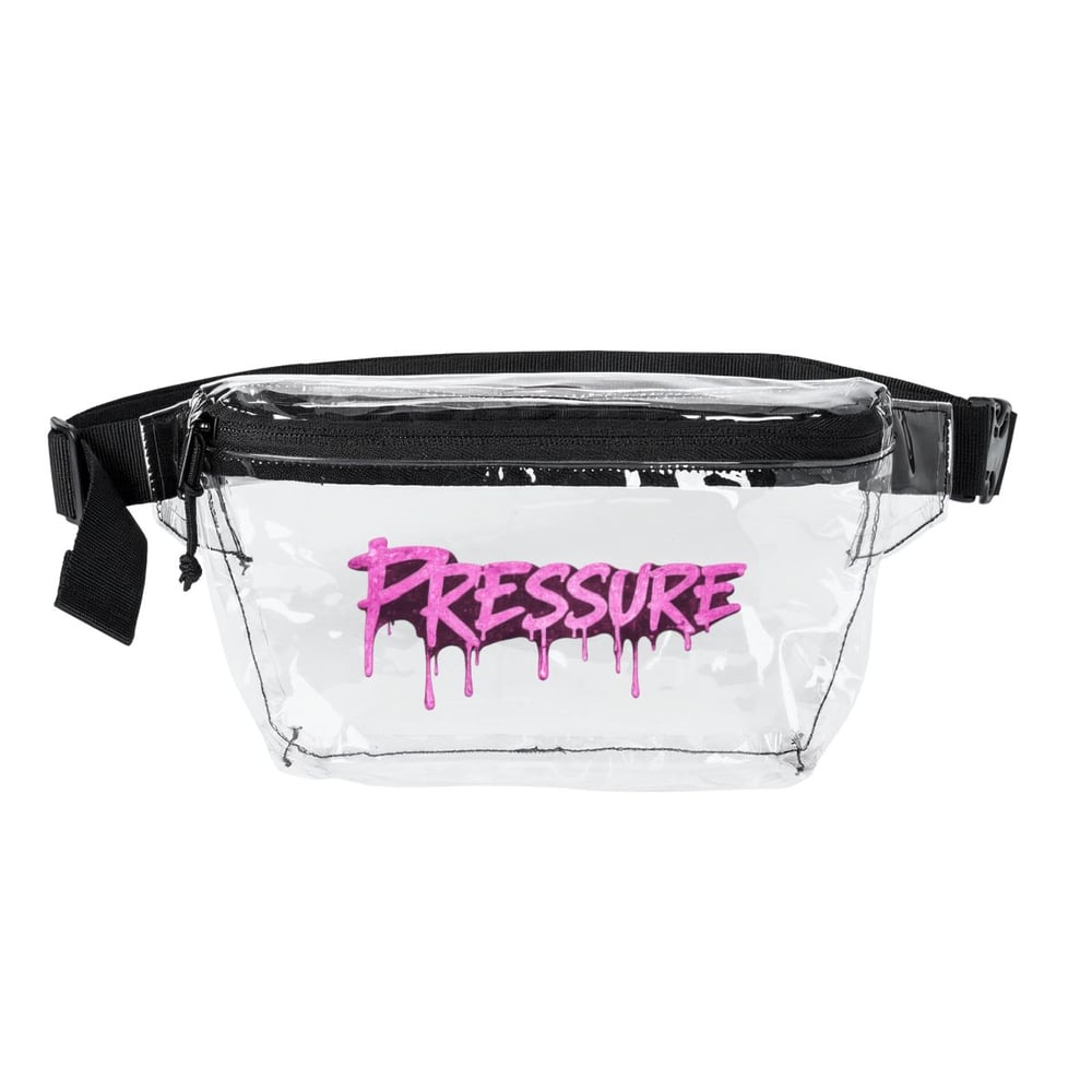 Image of Transparent Fanny Pack — Clear Festival Waist Bag with Pink “Pressure” Drip Design