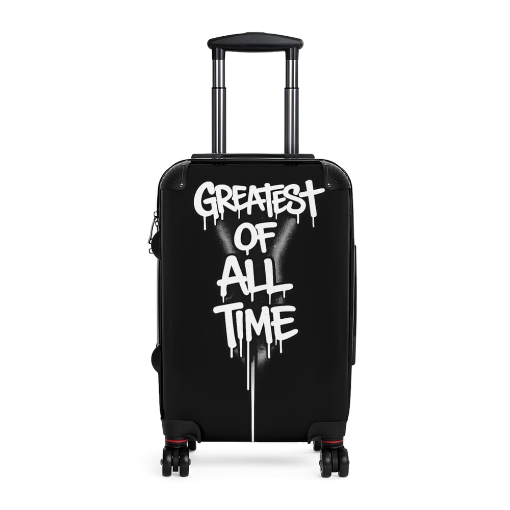 Image of Suitcase — Black Carry-On Luggage with "Greatest of All Time" Graffiti Design