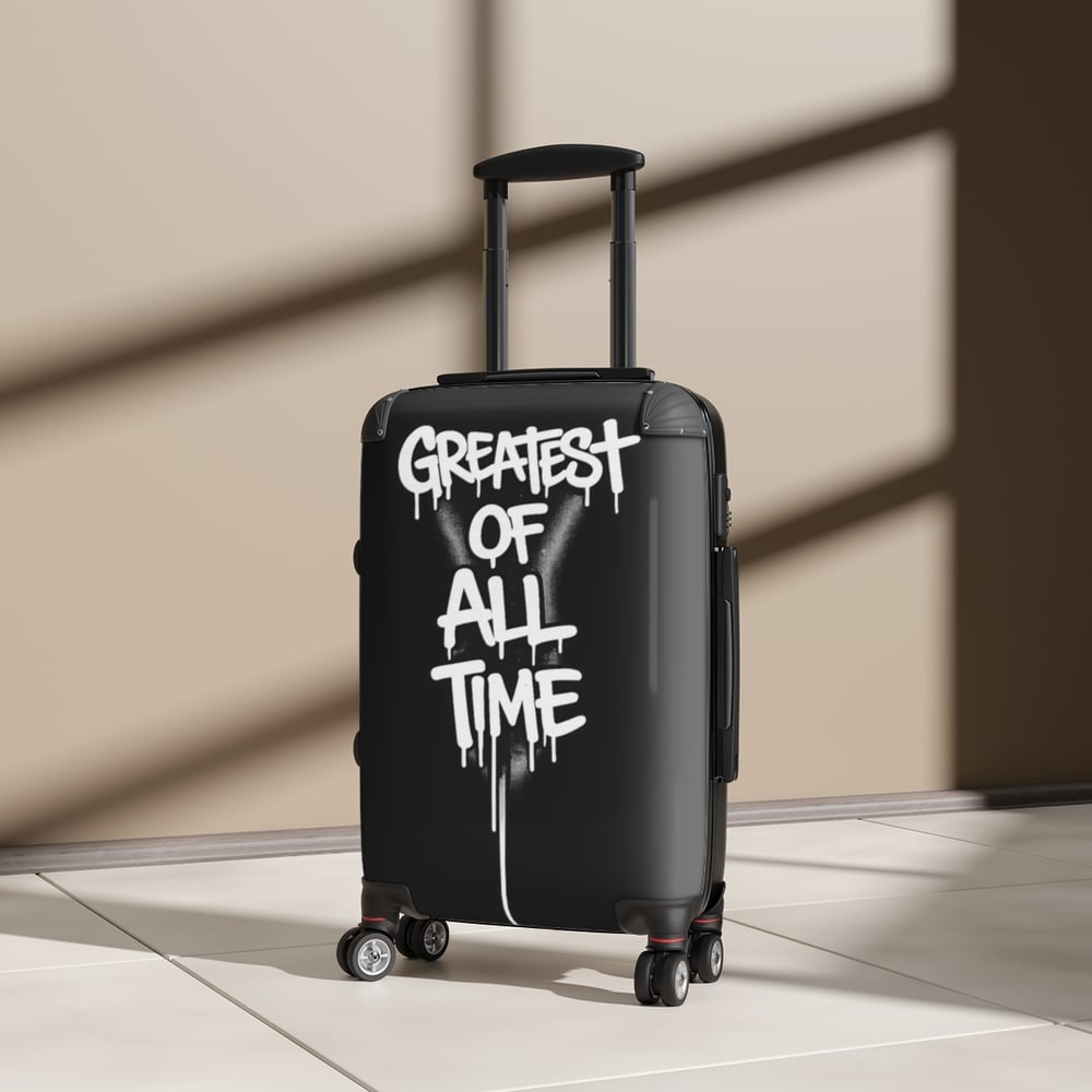 Image of Suitcase — Black Carry-On Luggage with "Greatest of All Time" Graffiti Design