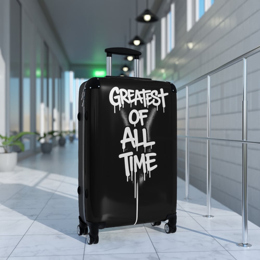 Image of Suitcase — Black Carry-On Luggage with "Greatest of All Time" Graffiti Design