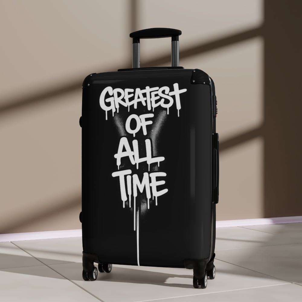 Image of Suitcase — Black Carry-On Luggage with "Greatest of All Time" Graffiti Design