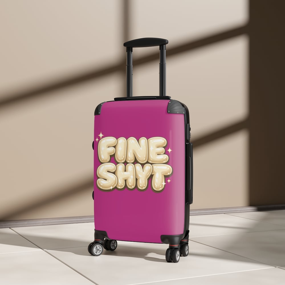 Image of Fine Shyft Suitcase — Bold Pink Carry-On with Playful 'FINE SHYT' Balloon Text
