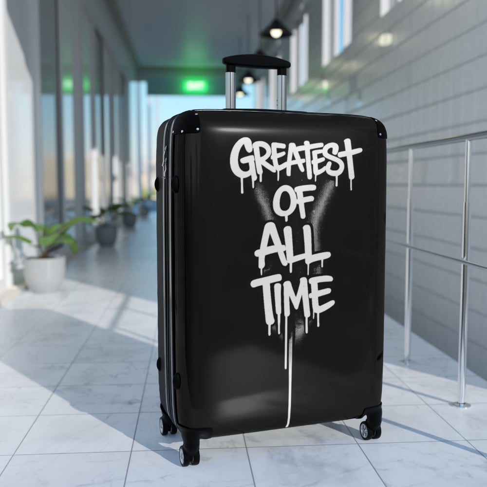 Image of Suitcase — Black Carry-On Luggage with "Greatest of All Time" Graffiti Design