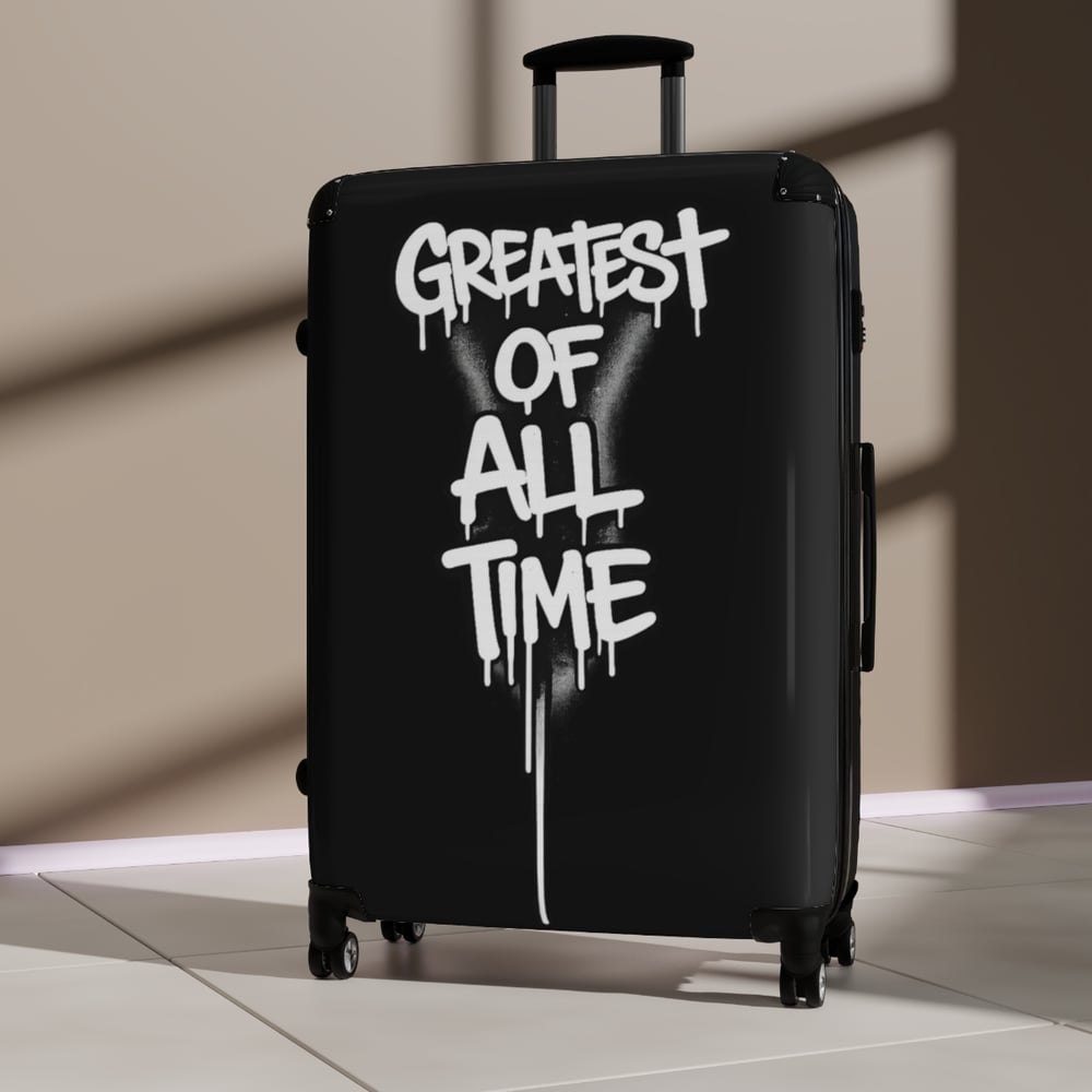 Image of Suitcase — Black Carry-On Luggage with "Greatest of All Time" Graffiti Design