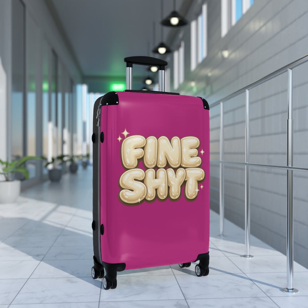 Image of Fine Shyft Suitcase — Bold Pink Carry-On with Playful 'FINE SHYT' Balloon Text