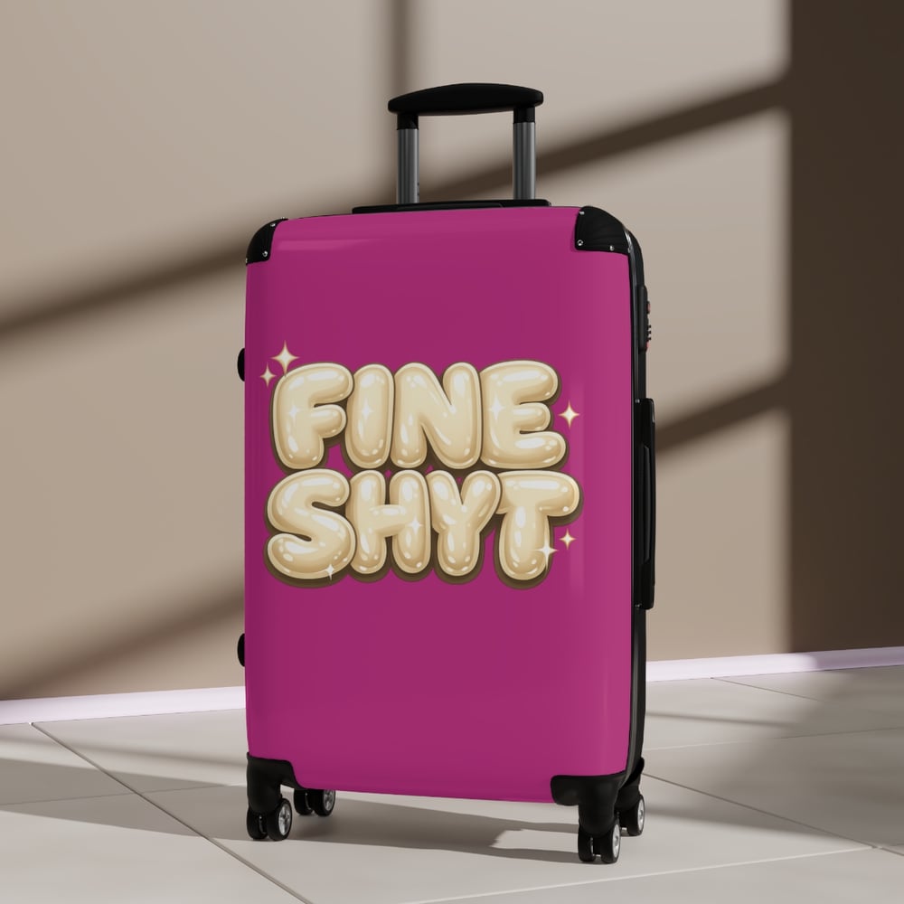Image of Fine Shyft Suitcase — Bold Pink Carry-On with Playful 'FINE SHYT' Balloon Text