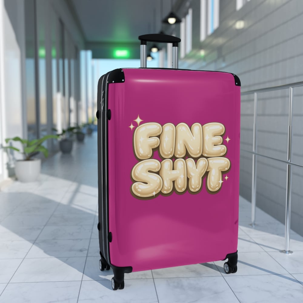 Image of Fine Shyft Suitcase — Bold Pink Carry-On with Playful 'FINE SHYT' Balloon Text
