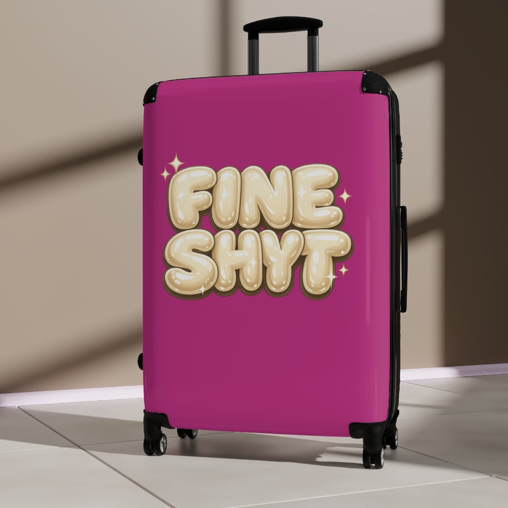 Image of Fine Shyft Suitcase — Bold Pink Carry-On with Playful 'FINE SHYT' Balloon Text