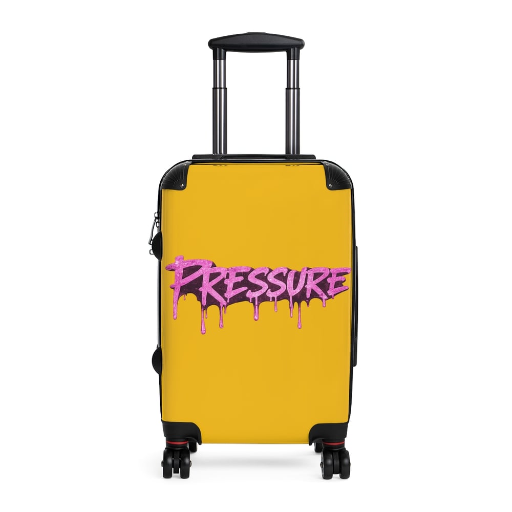 Image of Pressure Graffiti Suitcase — Yellow Carry-On Luggage with Pink Drip Street-Art Text
