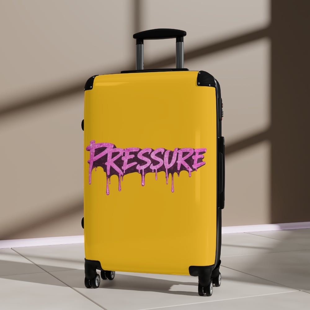 Image of Pressure Graffiti Suitcase — Yellow Carry-On Luggage with Pink Drip Street-Art Text