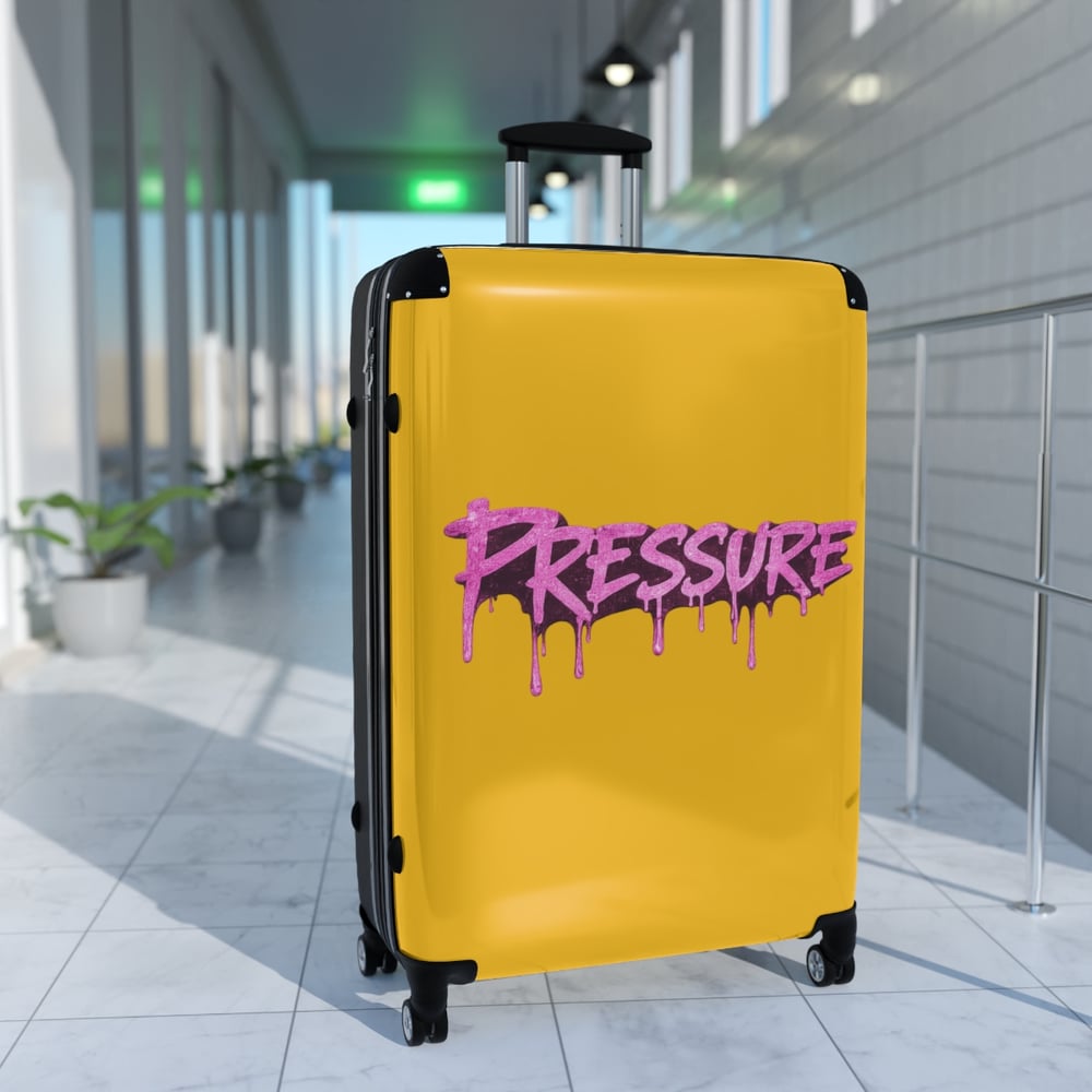 Image of Pressure Graffiti Suitcase — Yellow Carry-On Luggage with Pink Drip Street-Art Text