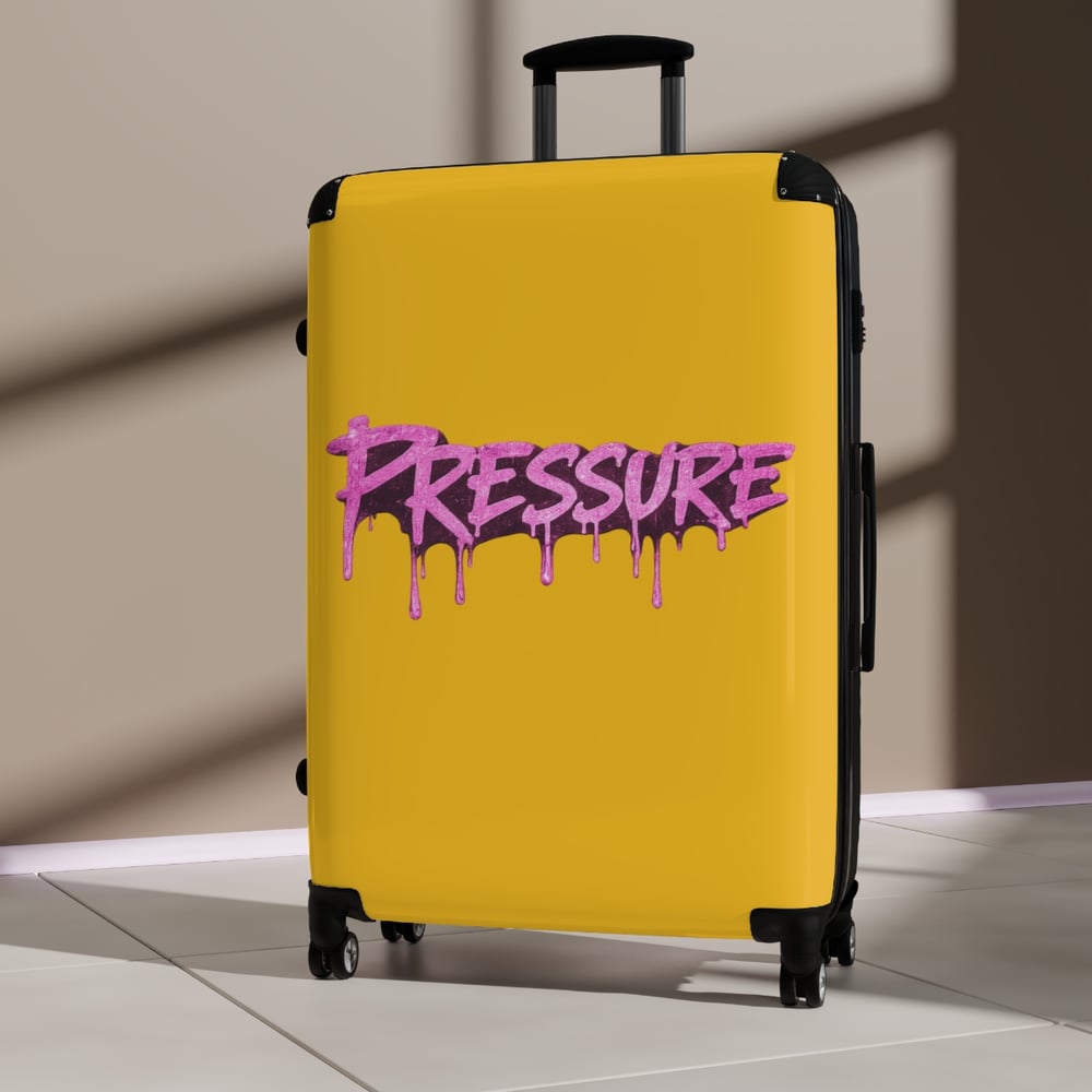 Image of Pressure Graffiti Suitcase — Yellow Carry-On Luggage with Pink Drip Street-Art Text