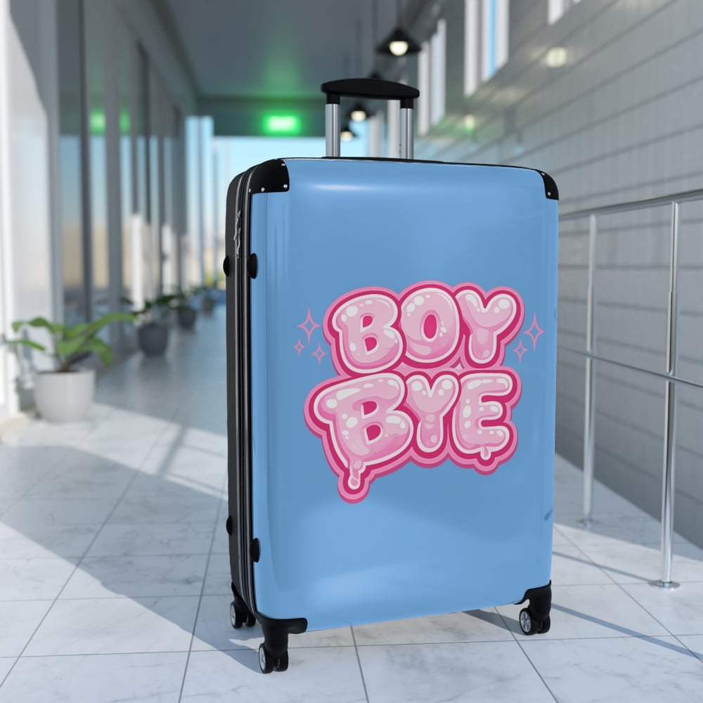 Image of Suitcase — Blue "Boy Bye" Graphic Carry-On Luggage
