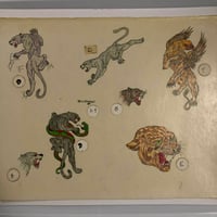 Image 1 of 11x14 1987 Bill Stewart hand drawn flash sheet Black Hills Tattoo Rapid City, SD Big cats