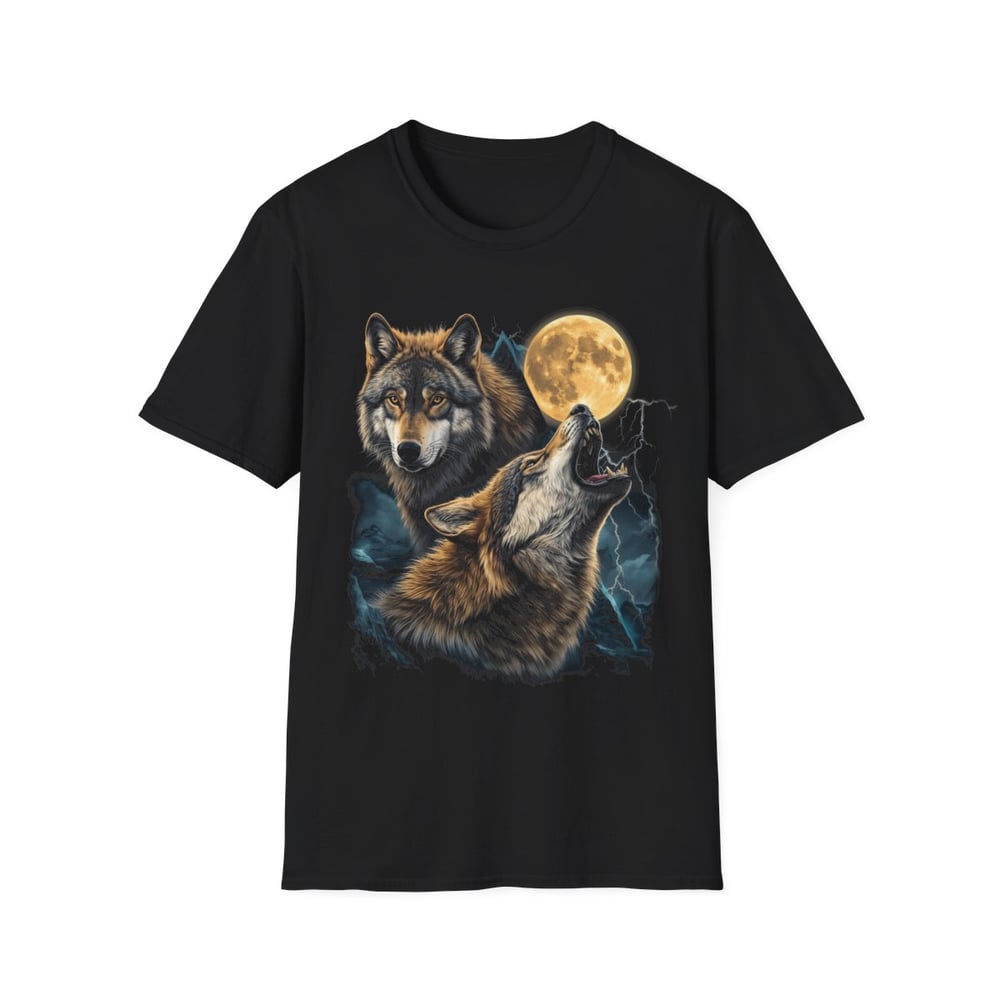 Image of Wolf Moon T-Shirt — Howling Wolves Night Sky Graphic Tee