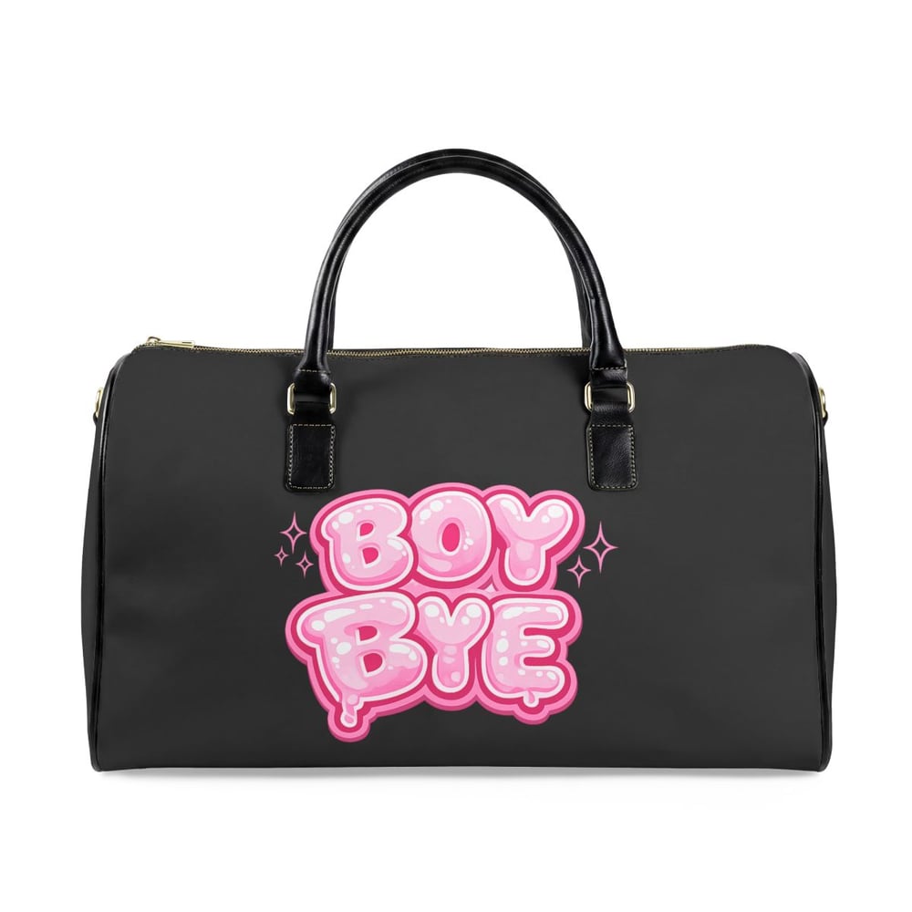 Image of Leather Travel Bag — 'Boy Bye' Pink Bubble Graphic Weekend Duffel