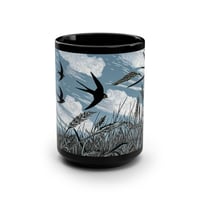 Image 1 of Swallow Birds Farm Field Linocut Black Coffee Mug, Bird Lover Gift, Nature Inspired Mug, 15-f9a70920