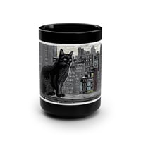 Image 1 of Black Cat Cityscape Mug, 15oz Ceramic Coffee Cup, Cat Lover Gift, Urban Cat Design, Cozy Ho-5ac7338e