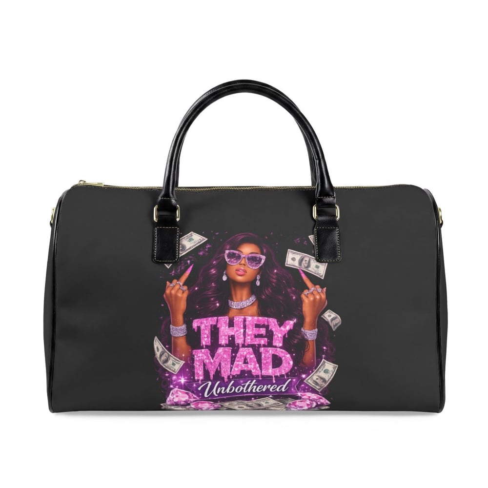 Image of Leather Travel Bag — "They Mad Unbothered" Graphic Weekender