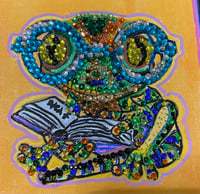 Image 1 of 6-inch square canvas gecko reading books mixed media painting