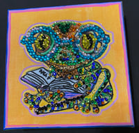 Image 2 of 6-inch square canvas gecko reading books mixed media painting
