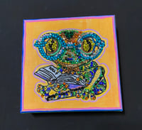 Image 3 of 6-inch square canvas gecko reading books mixed media painting
