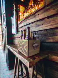 Image 1 of Rustic Laser Cut Beer Caddy – Handcrafted Wooden Drink Carrier with Bottle Opener
