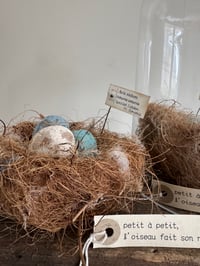 Image 1 of Handmade feathered nest and spun cotton speckled eggs