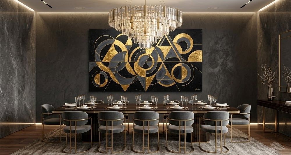 Image of Imperial Geometric Grid Tableau - Black & Gold Geometric Luxury Wall Art