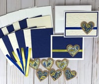 Image 1 of Blue and Yellow Embossed Card Making Kit for Adults to DIY 6 Paisley Heart Cards