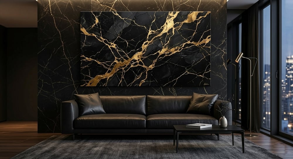 Image of Golden Abyss Abstract Tableau - Luxury Gold & Navy Abstract Wall Art Canvas