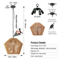 Image 8 of Boho Hemp Rope Pendant Light, Handcrafted Farmhouse Hanging Light Fixture