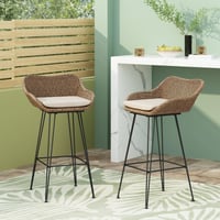 Image 1 of 29.25' Outdoor Wicker and Iron Barstools, Light Brown, Beige Cushion (Set of 2)