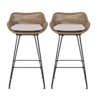 Image 2 of 29.25' Outdoor Wicker and Iron Barstools, Light Brown, Beige Cushion (Set of 2)