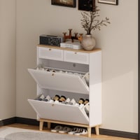 Image 4 of Cabinet With 2 Flip-Up Doors and 2 Drawers, narrow, free standing Shoe Organizer