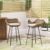 Image 3 of 29.25' Outdoor Wicker and Iron Barstools, Light Brown, Beige Cushion (Set of 2)