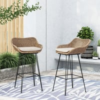 Image 4 of 29.25' Outdoor Wicker and Iron Barstools, Light Brown, Beige Cushion (Set of 2)