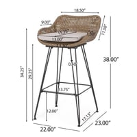 Image 5 of 29.25' Outdoor Wicker and Iron Barstools, Light Brown, Beige Cushion (Set of 2)
