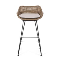 Image 6 of 29.25' Outdoor Wicker and Iron Barstools, Light Brown, Beige Cushion (Set of 2)
