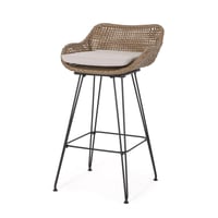 Image 7 of 29.25' Outdoor Wicker and Iron Barstools, Light Brown, Beige Cushion (Set of 2)