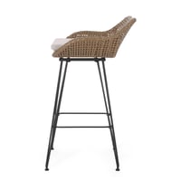 Image 9 of 29.25' Outdoor Wicker and Iron Barstools, Light Brown, Beige Cushion (Set of 2)