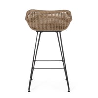 Image 11 of 29.25' Outdoor Wicker and Iron Barstools, Light Brown, Beige Cushion (Set of 2)